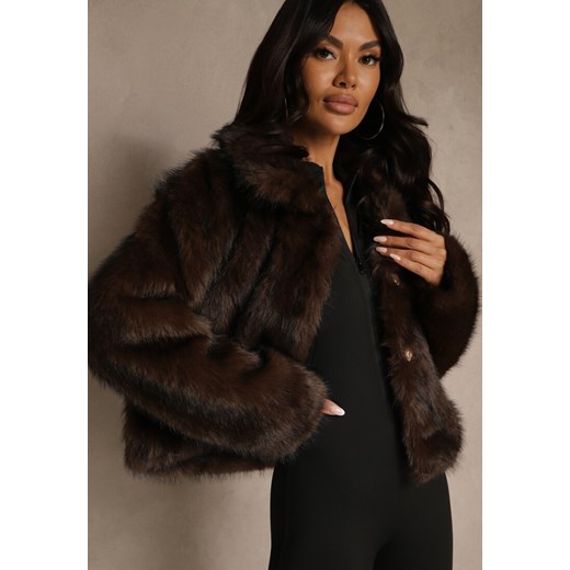 Brązowa Kurtka Futerko o Fasonie Cropped z Kołnierzem Abentia Renee M renee.pl