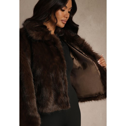 Brązowa Kurtka Futerko o Fasonie Cropped z Kołnierzem Abentia Renee S renee.pl