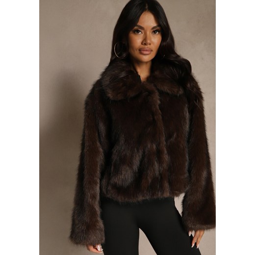 Brązowa Kurtka Futerko o Fasonie Cropped z Kołnierzem Abentia Renee M renee.pl