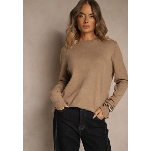 Ciemnobeżowy Klasyczny Sweter z Wełną i Bawełną Bez Zdobień Neandia ze sklepu renee.pl w kategorii Swetry damskie - zdjęcie 187338164