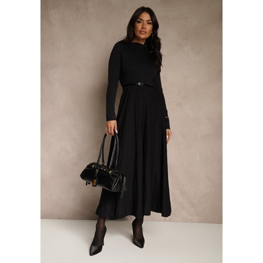 Czarna Dzianinowa Sukienka Rozkloszowana Longsleeve z Wiskozą i Paskiem Tusnira ze sklepu renee.pl w kategorii Sukienki - zdjęcie 187338183
