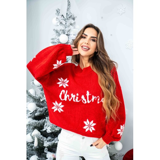 świąteczny krótki sweter print christmas polski producent tmc czerwono biały ze sklepu STYLOWO w kategorii Swetry damskie - zdjęcie 187338220