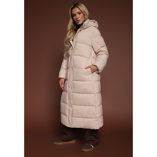 Jasnobeżowa Kurtka o Długim Kroju z  Kapturem Ozdobiona Pikowaniem Aforriva ze sklepu renee.pl w kategorii Kurtki damskie - zdjęcie 187339950