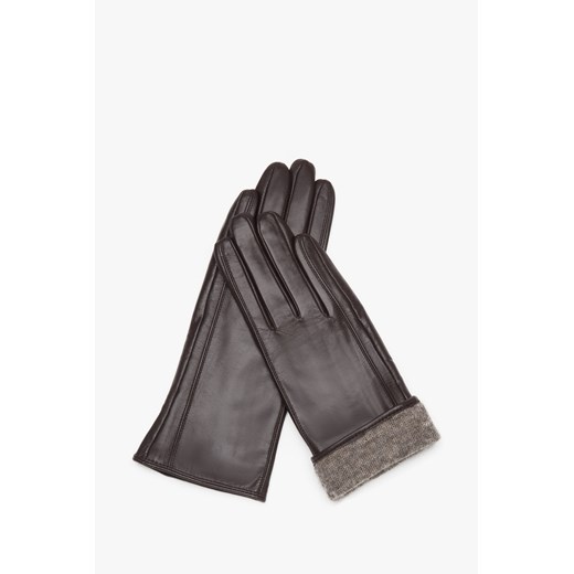 Estro: Klasyczne ciemnobrązowe rękawiczki damskie ze skóry naturalnej z wełnianą podszewką ze sklepu Estro w kategorii Rękawiczki damskie - zdjęcie 187342411