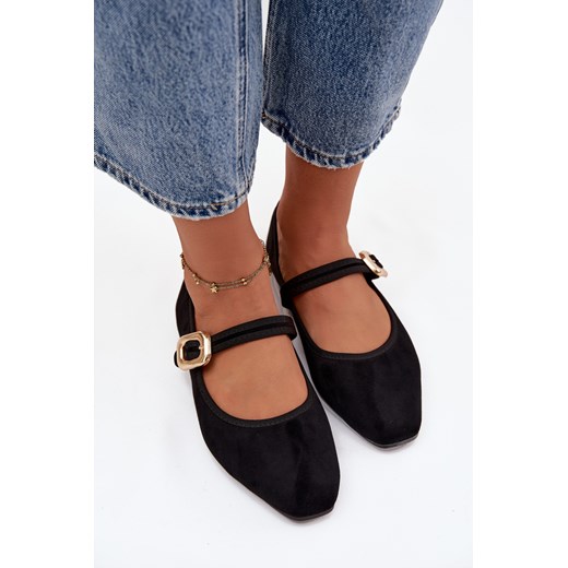 Damskie Baleriny Pasek Ze Złotą Klamrą Czarne Adelora ze sklepu ZAZOO w kategorii Balerinki - zdjęcie 187342441