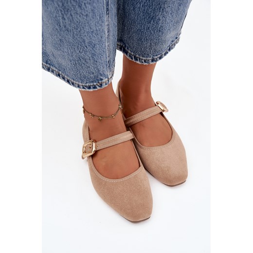 Damskie Baleriny Pasek Ze Złotą Klamrą Beżowe Adelora ze sklepu ZAZOO w kategorii Balerinki - zdjęcie 187342464