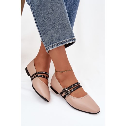 Baleriny Z Paskami Eko Skórzane Beżowe Deliora ze sklepu ZAZOO w kategorii Balerinki - zdjęcie 187342632