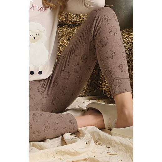 Długa piżama damska z owieczką i napisem beżowa DEBORAH, Kolor beżowo-brązowy, Rozmiar L, Sorbetto ze sklepu Primodo w kategorii Piżamy damskie - zdjęcie 187343862