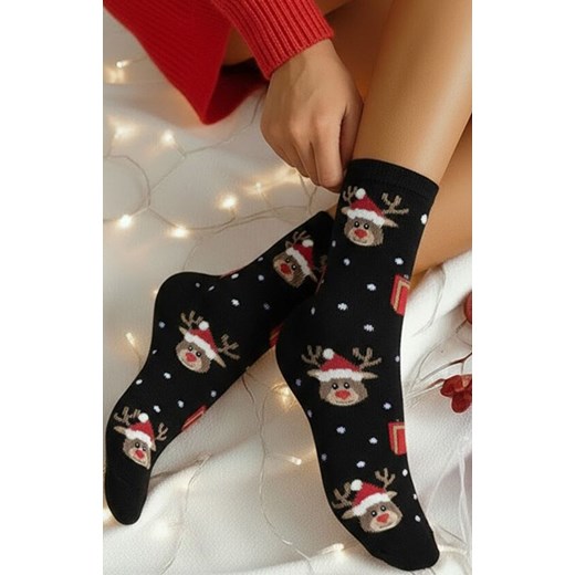 Świąteczne skarpetki damskie ecru Renifery i prezenty 1283.032, Kolor czarny, Rozmiar 37-41, Milena ze sklepu Intymna w kategorii Skarpetki damskie - zdjęcie 187344533