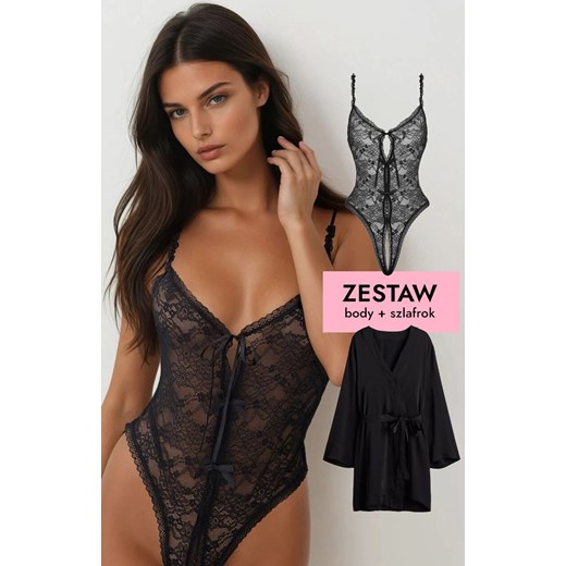 Komplet czarne otwarte body i satynowy szlafrok MIDNIGHT SIN, Kolor czarny, Rozmiar S/M/L, PURE SIN ze sklepu Intymna w kategorii Body damskie - zdjęcie 187344540