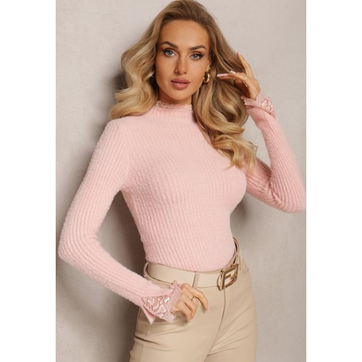 Jasnoróżowy Wełniany Golf z Elastycznej Dzianiny Starbana ze sklepu renee.pl w kategorii Swetry damskie - zdjęcie 187347854
