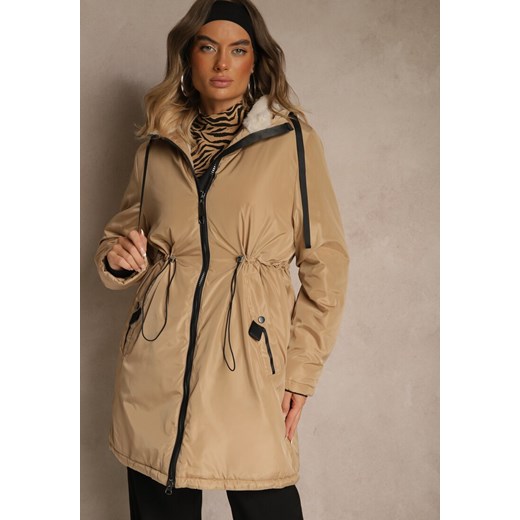 Ciemnobeżowa Kurtka Parka w Stylu Casual Ocieplana Futerkiem Olleania ze sklepu renee.pl w kategorii Parki damskie - zdjęcie 187347874