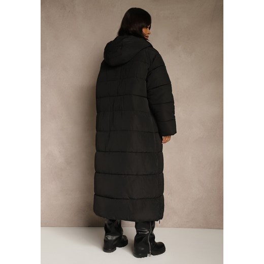 Czarna Długa Kurtka Zimowa z Pikowanymi Przeszyciami Kapturem i Suwakami Renee 2XL renee.pl