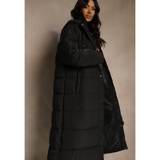 Czarna Długa Kurtka Zimowa z Pikowanymi Przeszyciami Kapturem i Suwakami Renee 4XL renee.pl