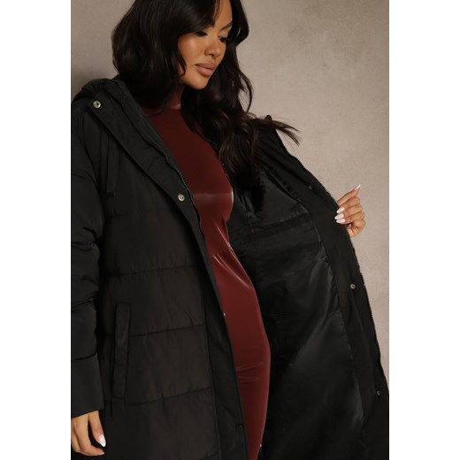 Czarna Długa Kurtka Zimowa z Pikowanymi Przeszyciami Kapturem i Suwakami Renee 6XL renee.pl