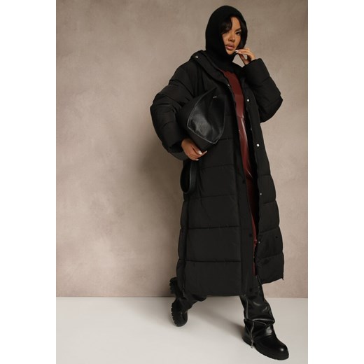 Czarna Długa Kurtka Zimowa z Pikowanymi Przeszyciami Kapturem i Suwakami Mevanesa ze sklepu renee.pl w kategorii Kurtki damskie - zdjęcie 187347894