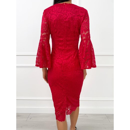 Czerwona Koronkowa Sukienka Midi z Rozszerzanym Rękawem Modnakiecka.pl 36 ModnaKiecka.pl
