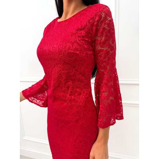 Czerwona Koronkowa Sukienka Midi z Rozszerzanym Rękawem Modnakiecka.pl 38 ModnaKiecka.pl