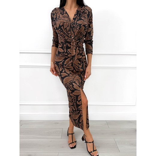 Czarno-Brązowa Sukienka ze Wzorem i Rozporkiem ze sklepu ModnaKiecka.pl w kategorii Sukienki - zdjęcie 187348742