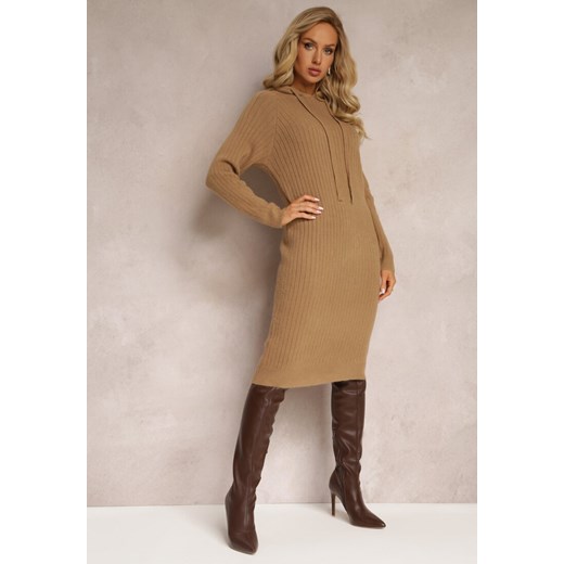 Ciemnobeżowa Wełniana Sukienka w Prążki z Kapturem Opiuda ze sklepu renee.pl w kategorii Sukienki - zdjęcie 187349290