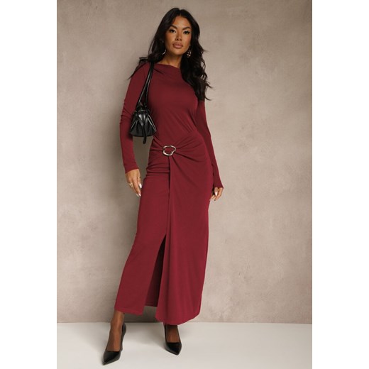 Bordowa Elegancka Sukienka Zdobiona Marszczeniem i Metaliczną Aplikacją Raselia ze sklepu renee.pl w kategorii Sukienki - zdjęcie 187349300