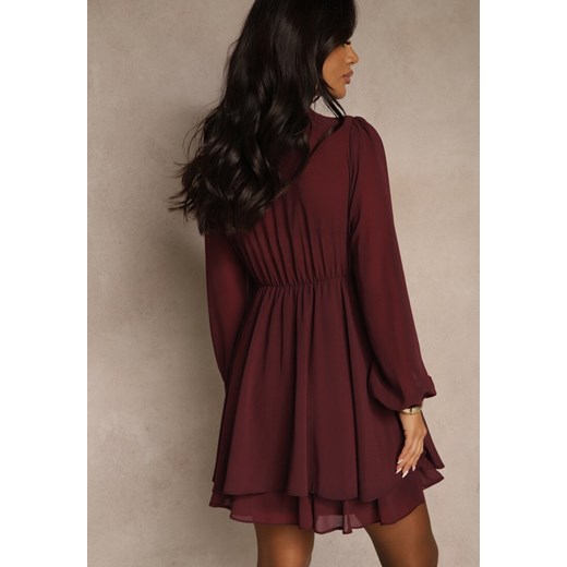 Bordowa Siateczkowa Sukienka o Rozkloszowanym Kroju z Dekoltem w Serek Zennela Renee L renee.pl