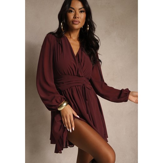 Bordowa Siateczkowa Sukienka o Rozkloszowanym Kroju z Dekoltem w Serek Zennela Renee S renee.pl