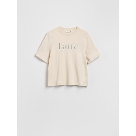 Reserved - T-shirt z haftowanym napisem - beżowy ze sklepu Reserved w kategorii Bluzki damskie - zdjęcie 187351661