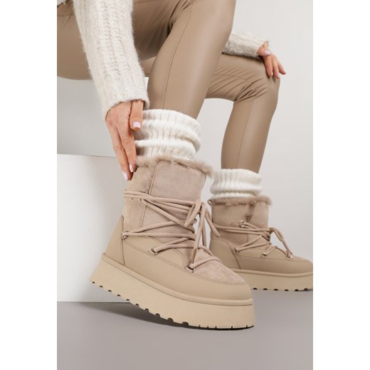 Ciemnobeżowe Śniegowce na Grubej Podeszwie z Futerkiem Alwedra ze sklepu born2be.pl w kategorii Śniegowce damskie - zdjęcie 187351944