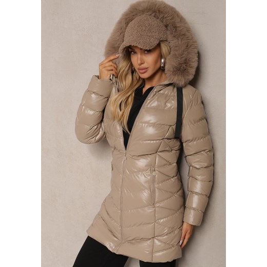 Beżowa Kurtka Pikowana  o Długim Kroju Ozdobiona Sznurkami i Odpinanym Futerkiem Lorrina ze sklepu renee.pl w kategorii Kurtki damskie - zdjęcie 187351974