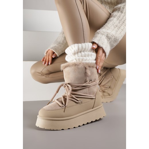 Ciemnobeżowe Śniegowce na Platformie Ozdobione Futerkiem Anwedea ze sklepu renee.pl w kategorii Śniegowce damskie - zdjęcie 187352004