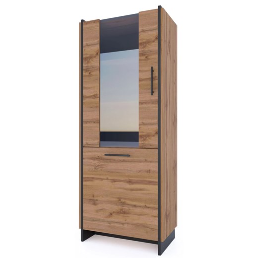 Wysoka szklana witryna do salonu i jadalni dąb wotan + czarny N6-N93 ze sklepu Edinos.pl w kategorii Regały i witryny - zdjęcie 187352092