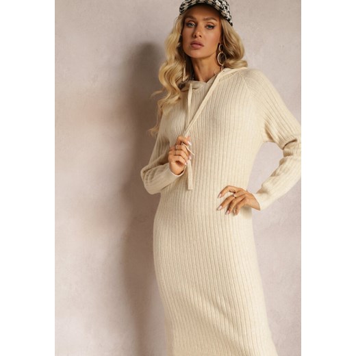 Beżowa Wełniana Sukienka w Prążki z Kapturem Opiuda Renee ONE SIZE renee.pl okazyjna cena