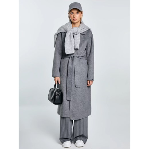 Płaszcz damski wełniany wiązany szary Oshana 903 ze sklepu Big Star w kategorii Płaszcze damskie - zdjęcie 187354553