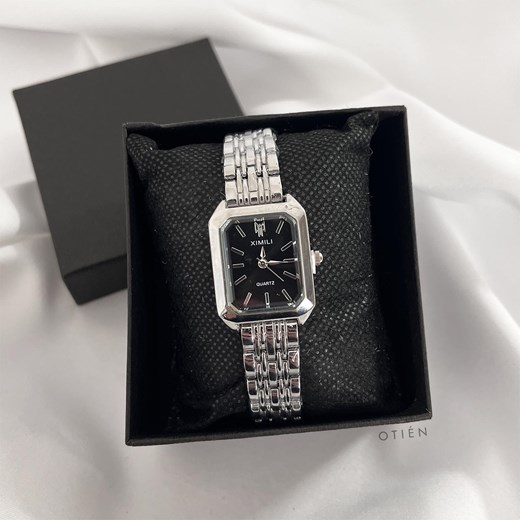 Zegarek damski srebrny z prostokątną czarną kopertą stal chirurgiczna ze sklepu otien.com w kategorii Zegarki - zdjęcie 187357281