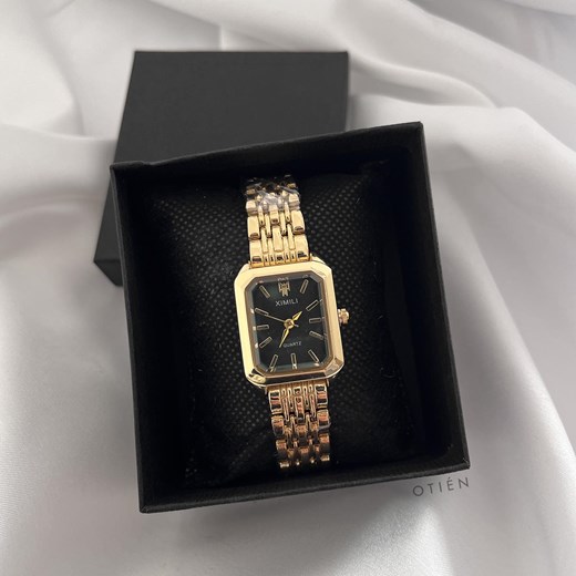 Zegarek damski złoty z prostokątną czarną kopertą stal chirurgiczna ze sklepu otien.com w kategorii Zegarki - zdjęcie 187357282