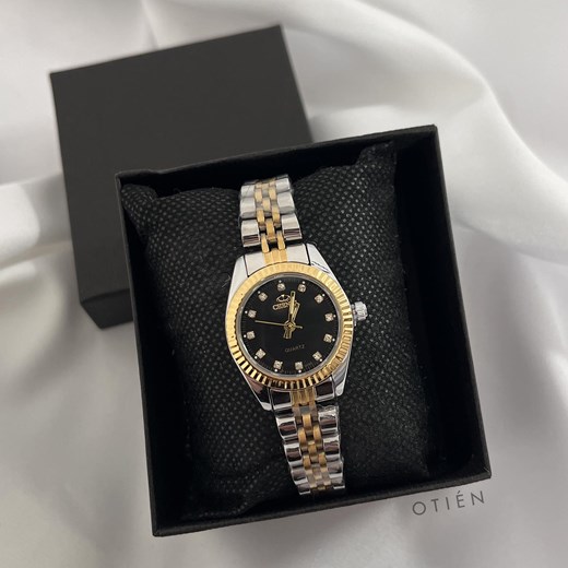 Zegarek damski złoto srebrny bransoleta z czarną tarczą ze stali chirurgicznej ze sklepu otien.com w kategorii Bransoletki - zdjęcie 187357283