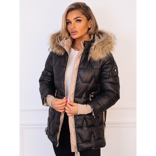 KURTKA Z FUTERKIEM PIKOWANA Z ZAMKAMI PO BOKACH- CZARNA ze sklepu olika.com.pl w kategorii Kurtki damskie - zdjęcie 187357333