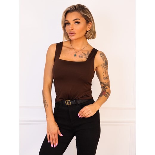 BLUZKA GŁADKA NA SZEROKICH RAMIĄCZKACH- CZEKOLADOWA ze sklepu olika.com.pl w kategorii Bluzki damskie - zdjęcie 187357400