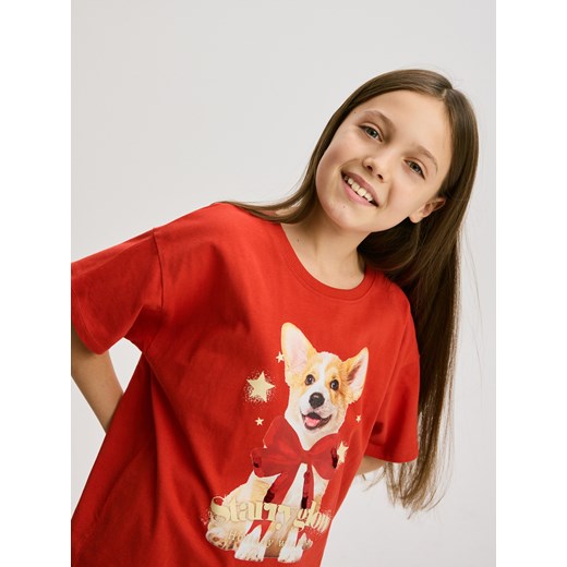 Reserved - Świąteczny t-shirt - czerwony ze sklepu Reserved w kategorii Bluzki dziewczęce - zdjęcie 187357940