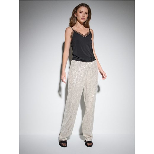 Sinsay - Spodnie wide leg z połyskującymi cekinami - srebrny Sinsay L Sinsay