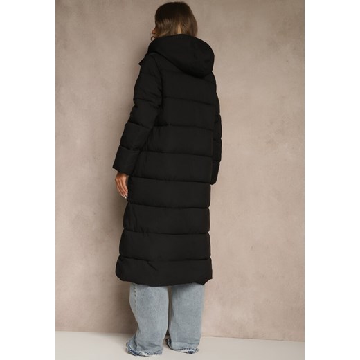 Czarna Kurtka o Długim Kroju z  Kapturem Ozdobiona Pikowaniem Aforriva Renee 2XL renee.pl