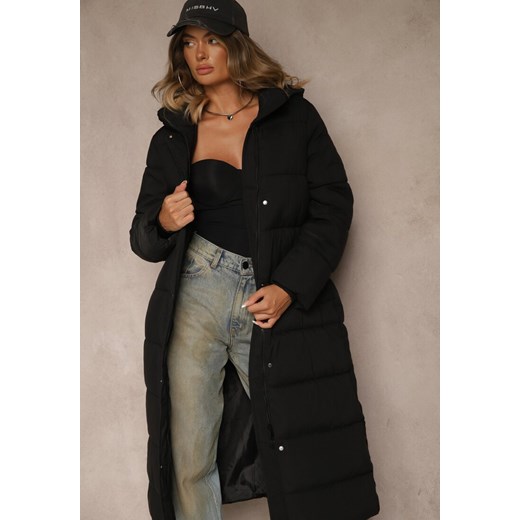 Czarna Kurtka o Długim Kroju z  Kapturem Ozdobiona Pikowaniem Aforriva Renee M renee.pl
