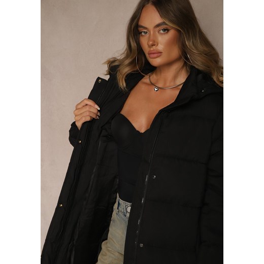 Czarna Kurtka o Długim Kroju z  Kapturem Ozdobiona Pikowaniem Aforriva Renee S renee.pl