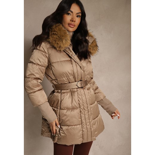 Ciemnobeżowa Pikowana Kurtka z Paskiem i Kapturem z Futerkiem Lilittia ze sklepu renee.pl w kategorii Kurtki damskie - zdjęcie 187363080