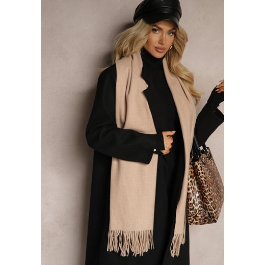 Beżowy Szalik z Wiskozą Bawełną i Frędzlami Siathlin ze sklepu renee.pl w kategorii Szaliki i chusty damskie - zdjęcie 187364091