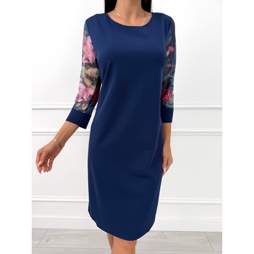 Granatowa Klasyczna Sukienka z Ozdobnym Rękawem ze sklepu ModnaKiecka.pl w kategorii Sukienki - zdjęcie 187365732