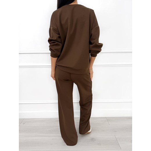 Ciemnobrązowy Komplet Bluza + Spodnie Wide Leg Modnakiecka.pl 40 ModnaKiecka.pl