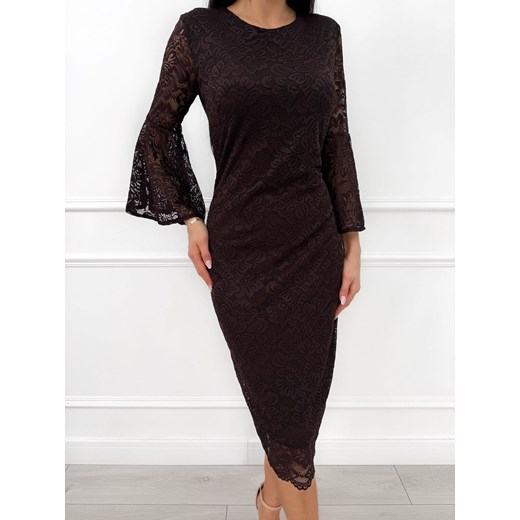 Czekoladowa Koronkowa Sukienka Midi z Rozszerzanym Rękawem ze sklepu ModnaKiecka.pl w kategorii Sukienki - zdjęcie 187365763