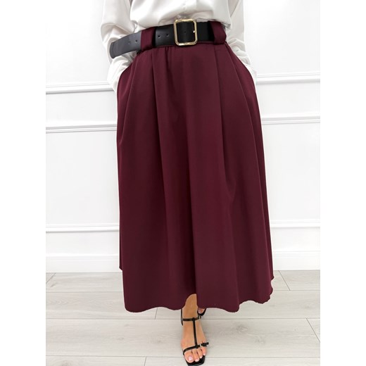 Burgundowa Rozkloszowana Spódnica Midi z Paskiem ze sklepu ModnaKiecka.pl w kategorii Spódnice - zdjęcie 187365791